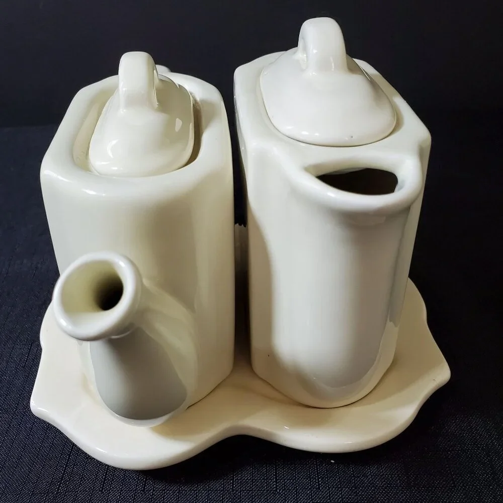 Restoration Hardware Creamer Sugar Set w/ Tray White Stoneware 2001 Y2K Coffee